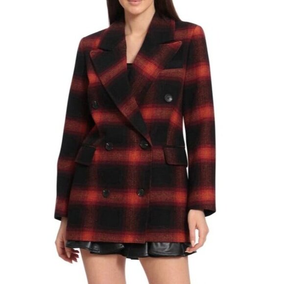 Avec Les Filles Women's 80964 Red Black Pea Coat Plaid Double Breasted Size XS